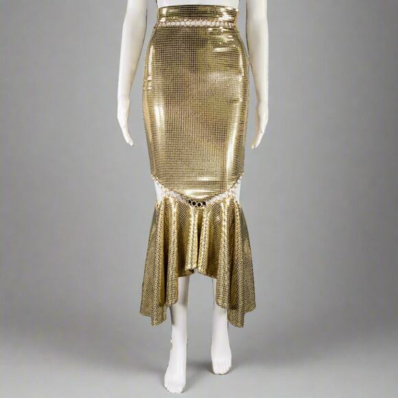 BURBERRY Size 0 Gold Beige Viscose Blend Disco Embellishment Mermaid Skirt - Picture 1 of 6